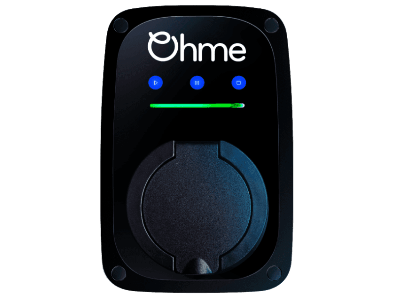 OHME ePod untethered EV charger with socket, mounted on exterior wall