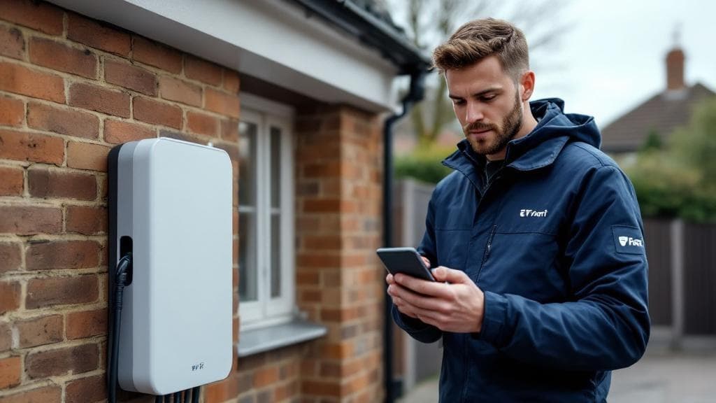 Engineer testing WiFi signal strength at EV charger position on British home exterior wall