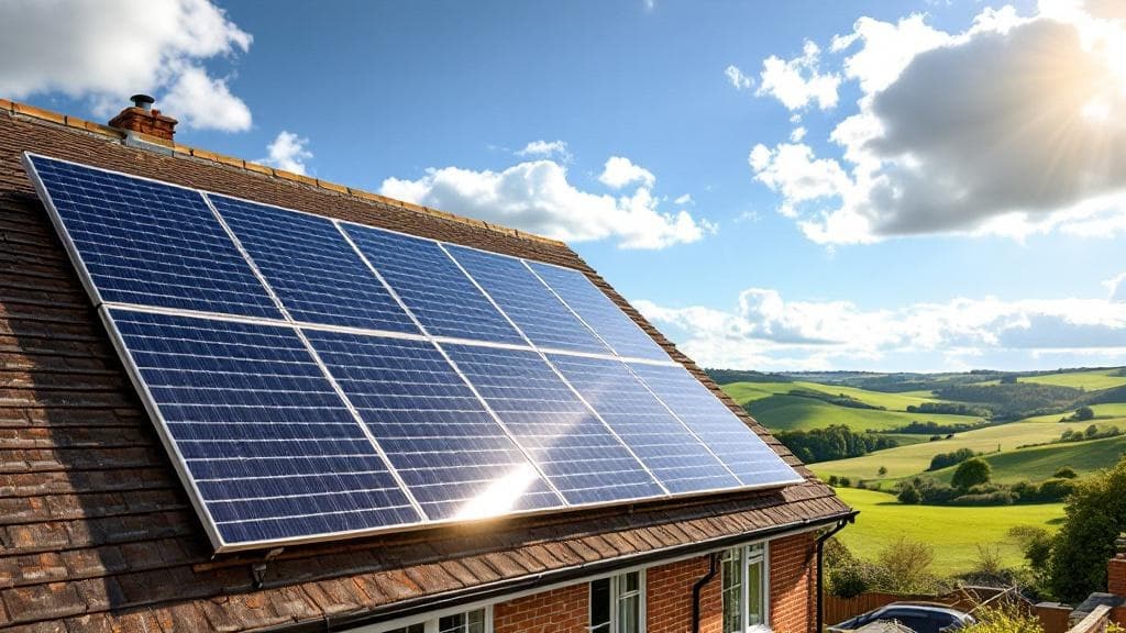 Solar panels installed on a UK house roof in bright sunshine